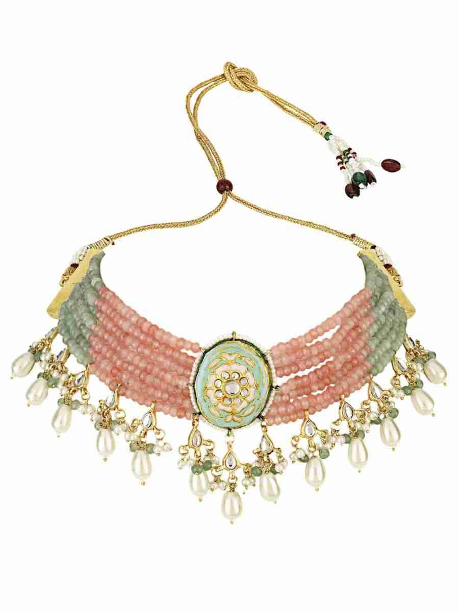 ELAXI GREEN AND PINK BEADS & WHITE PEARLS KUNDAN NECKLACE SET - Image 4