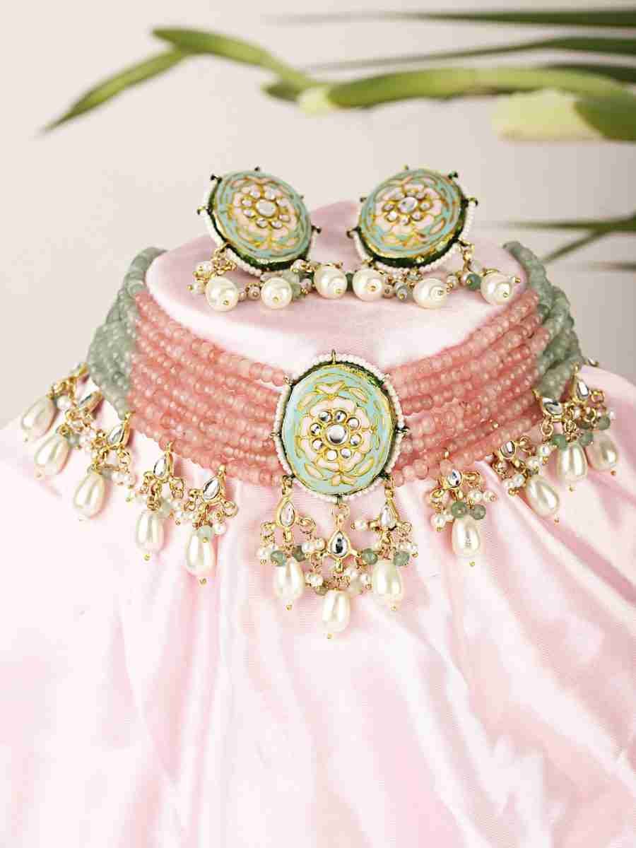 ELAXI GREEN AND PINK BEADS & WHITE PEARLS KUNDAN NECKLACE SET - Image 5