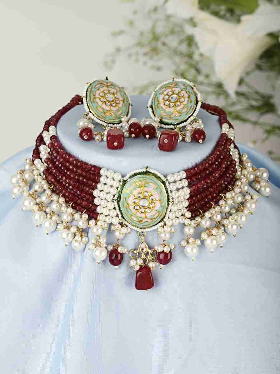 VRINDA MAROON BEADS & PEARLS KUNDAN NECKLACE SET - Image 6