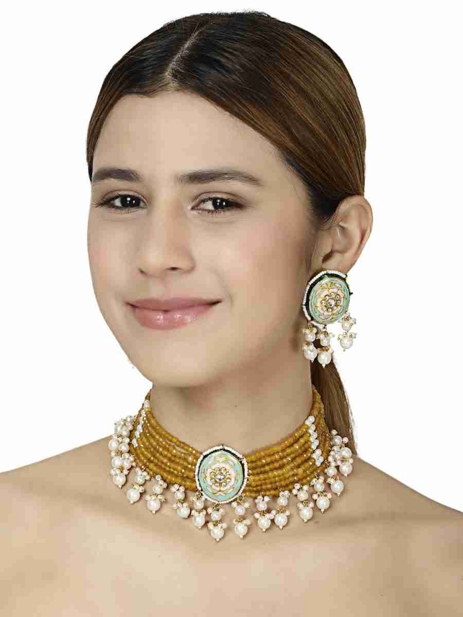 SALEENA YELLOW AND WHITE PEARLS KUNDAN NECKLACE SET