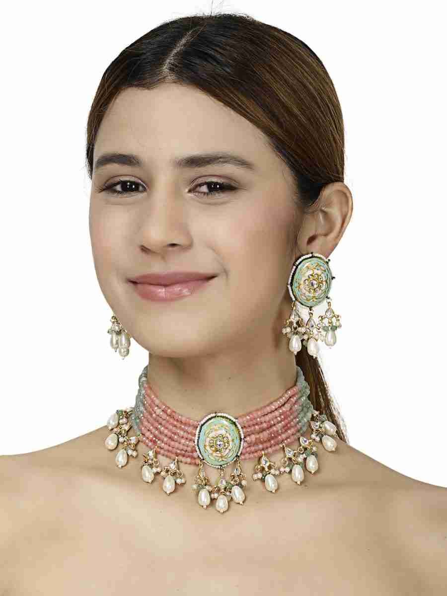 ELAXI GREEN AND PINK BEADS & WHITE PEARLS KUNDAN NECKLACE SET