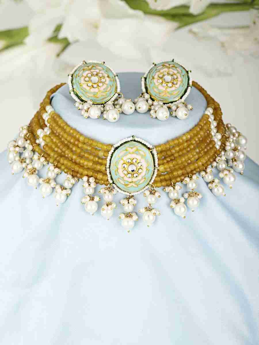 SALEENA YELLOW AND WHITE PEARLS KUNDAN NECKLACE SET - Image 6