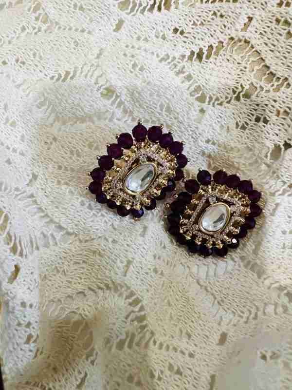 "Polki Earrings with American Diamond and Magenta Beads"