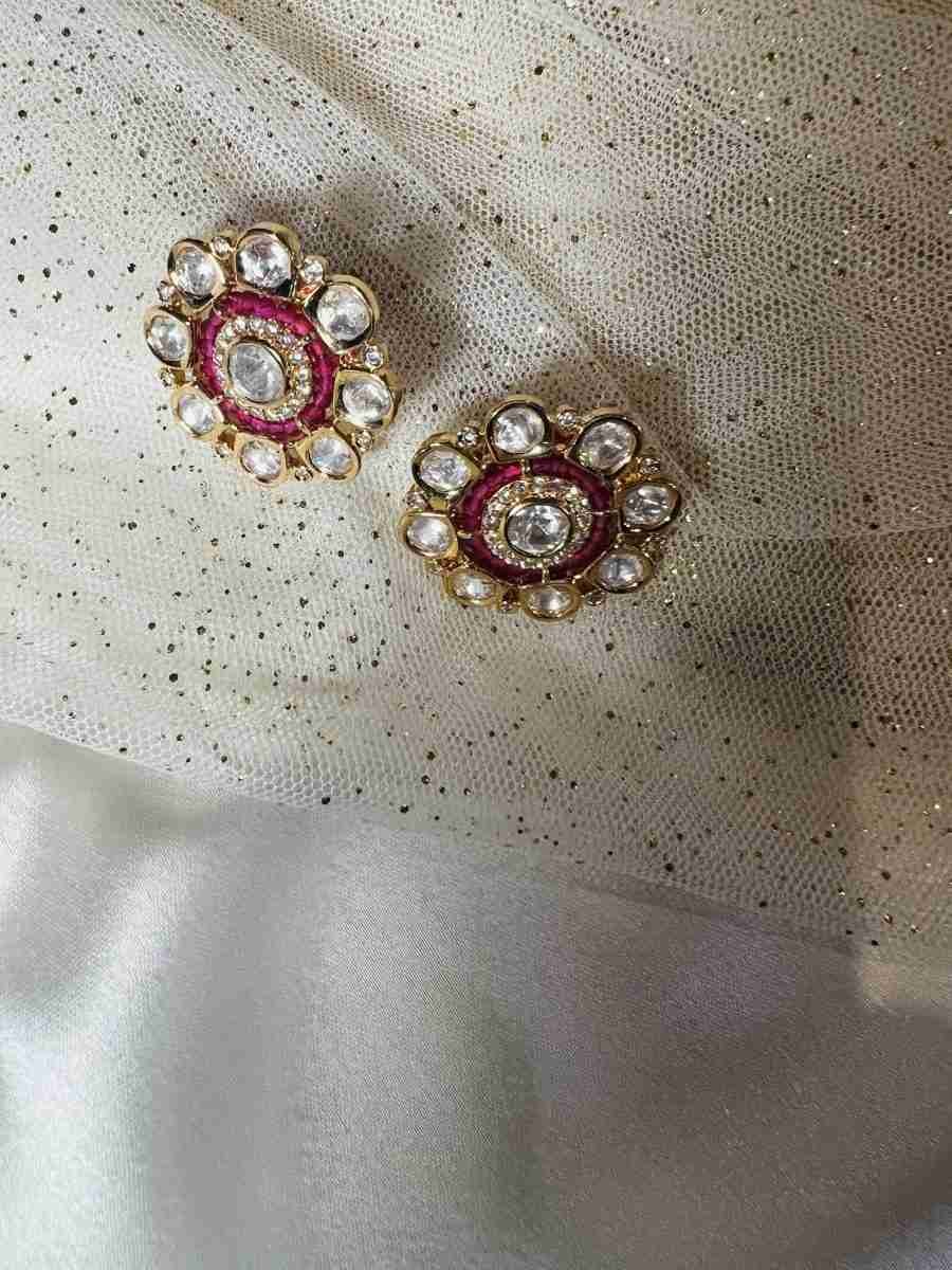 "Polki Earrings with American Diamond and Pink Beads"