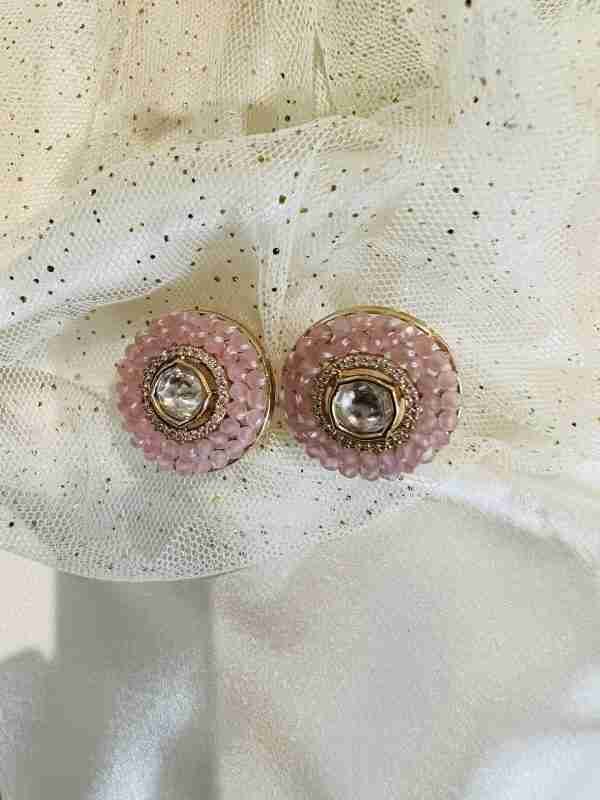 "Polki Earrings with American Diamond and Pink Beads"