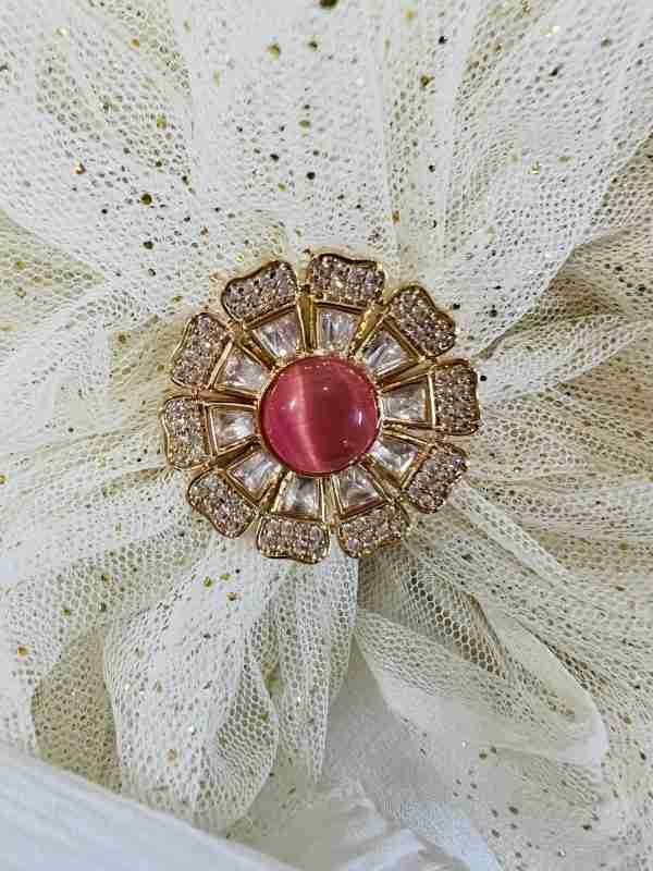 "Kundan Ring with American Diamond and Ruby Pink Stone - Timeless Elegance"