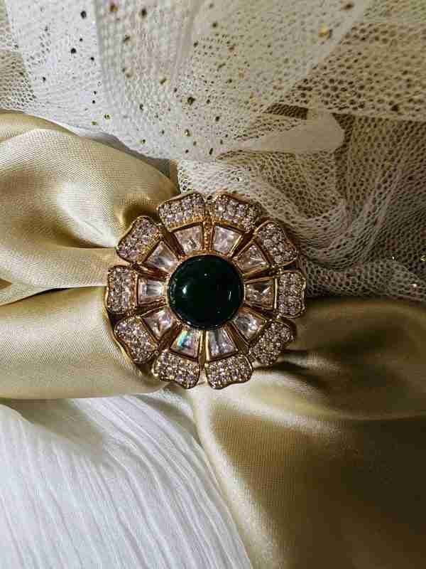 Kundan Ring with American Diamond and Green Emerald Stone