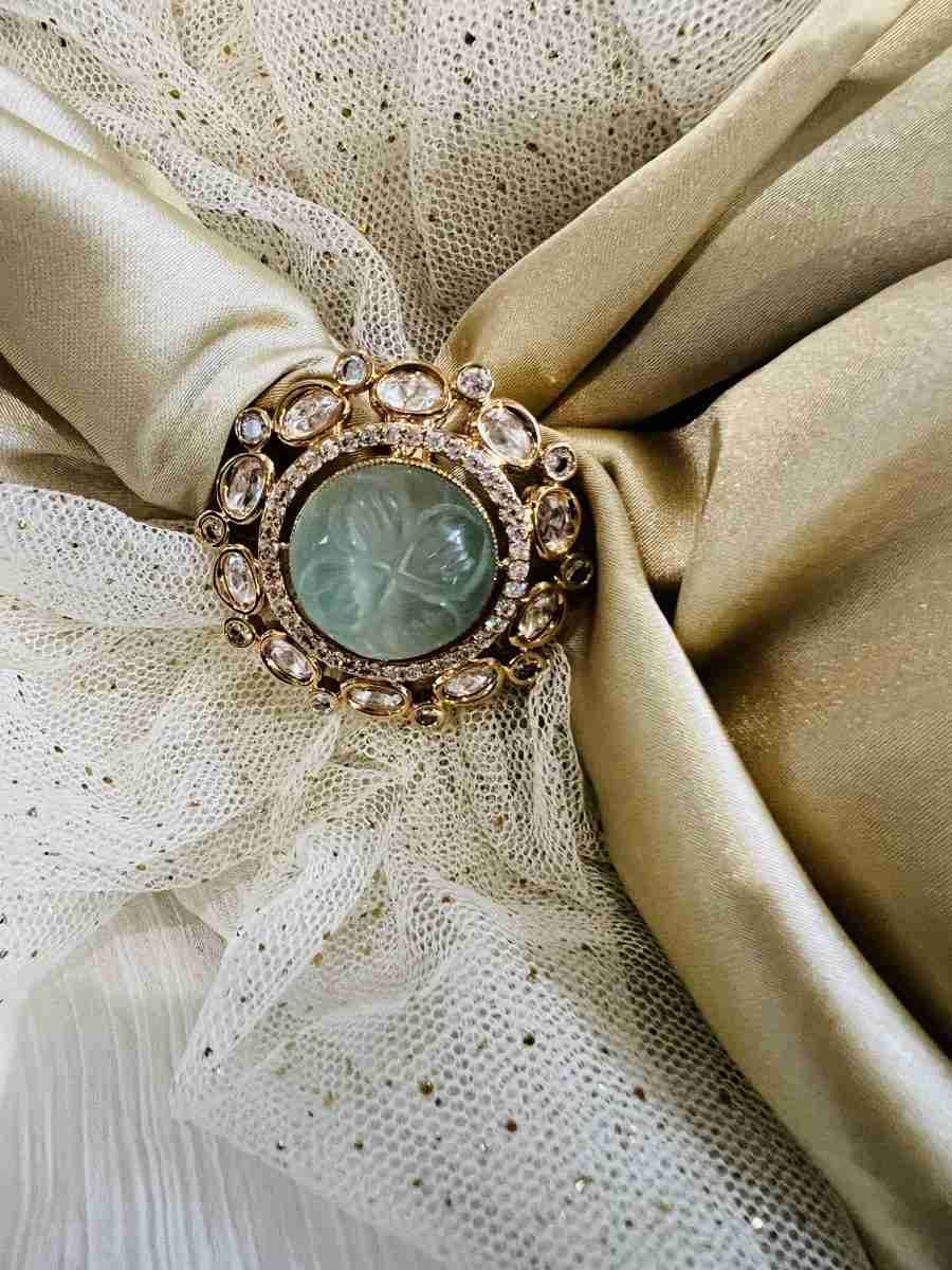 "Polki Ring with American Diamond and Carved Jade Green Stone - Stunning Jewelry Collection"