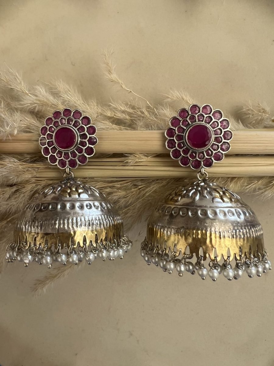 LE EMELIA SILVER-PLATED PINK STONE-STUDDED JHUMKA EARRINGS