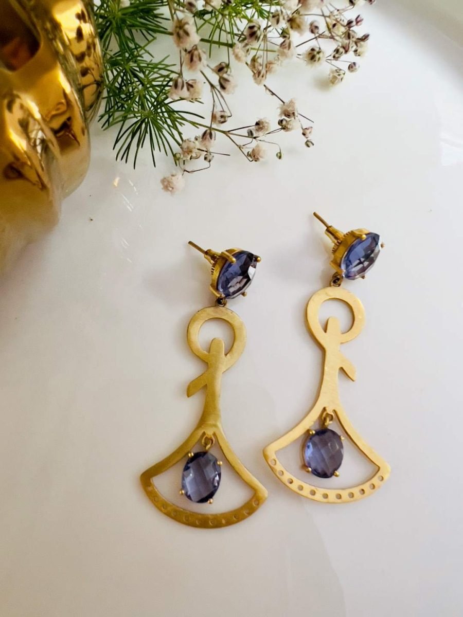 GOLD TONED PURPLE TEARDROP SHAPED DROP EARRINGS