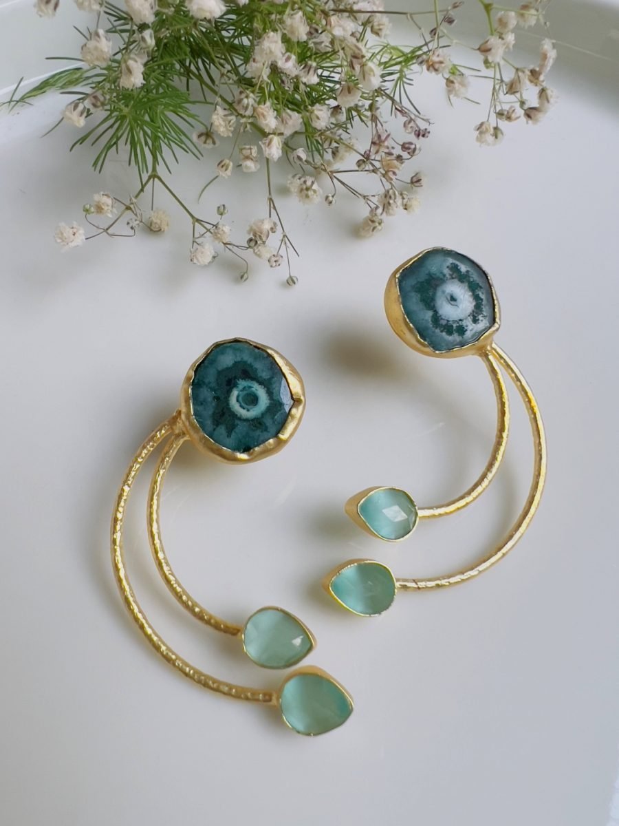 GOLD TONED GREEN AND BLUE CONTEMPORARY SHAPED DROP EARRINGS