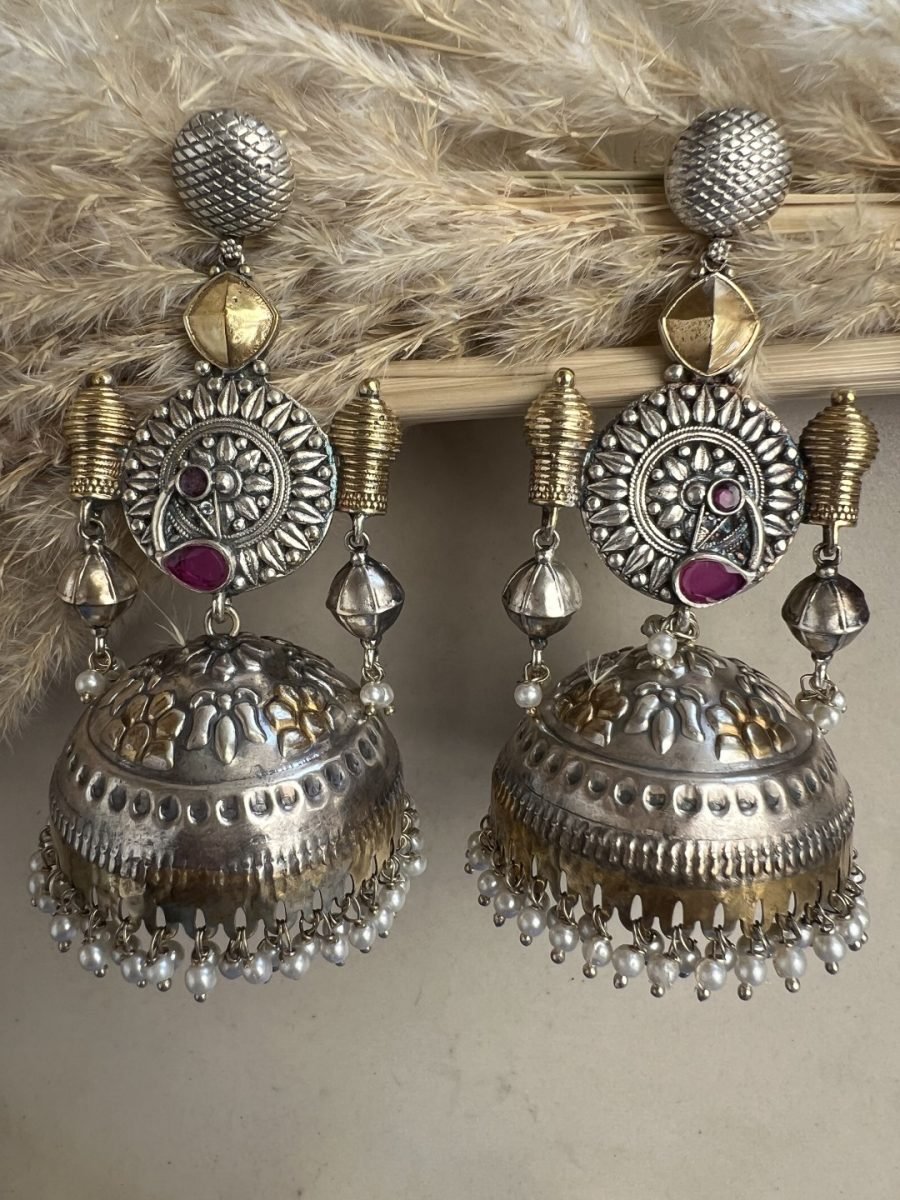 LE DIEGO SILVER-TONED FLORAL SHAPED JHUMKA EARRINGS