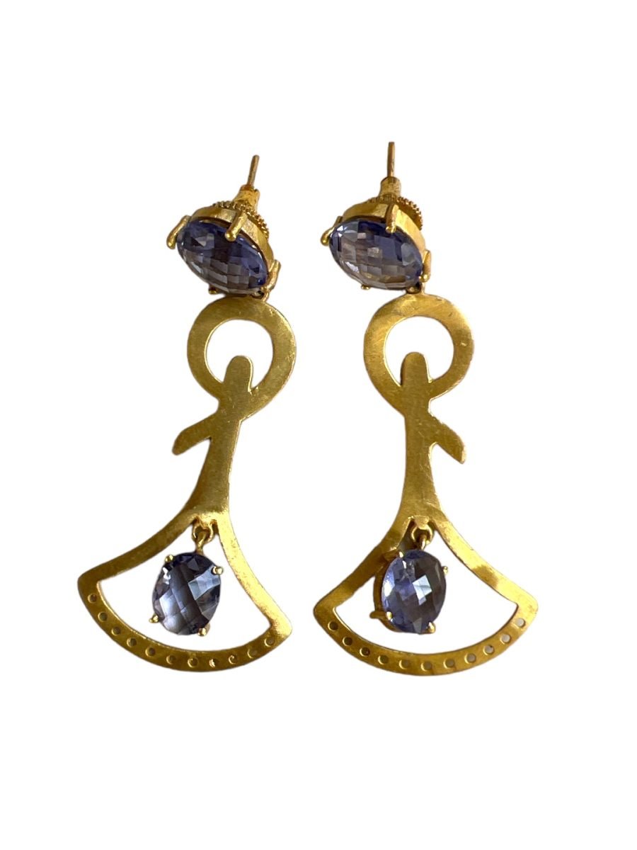 GOLD TONED PURPLE TEARDROP SHAPED DROP EARRINGS - Image 3