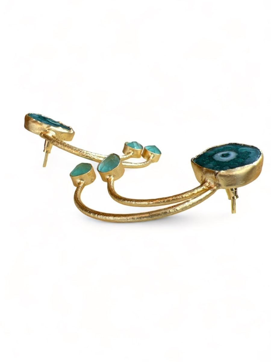 GOLD TONED GREEN AND BLUE CONTEMPORARY SHAPED DROP EARRINGS - Image 4