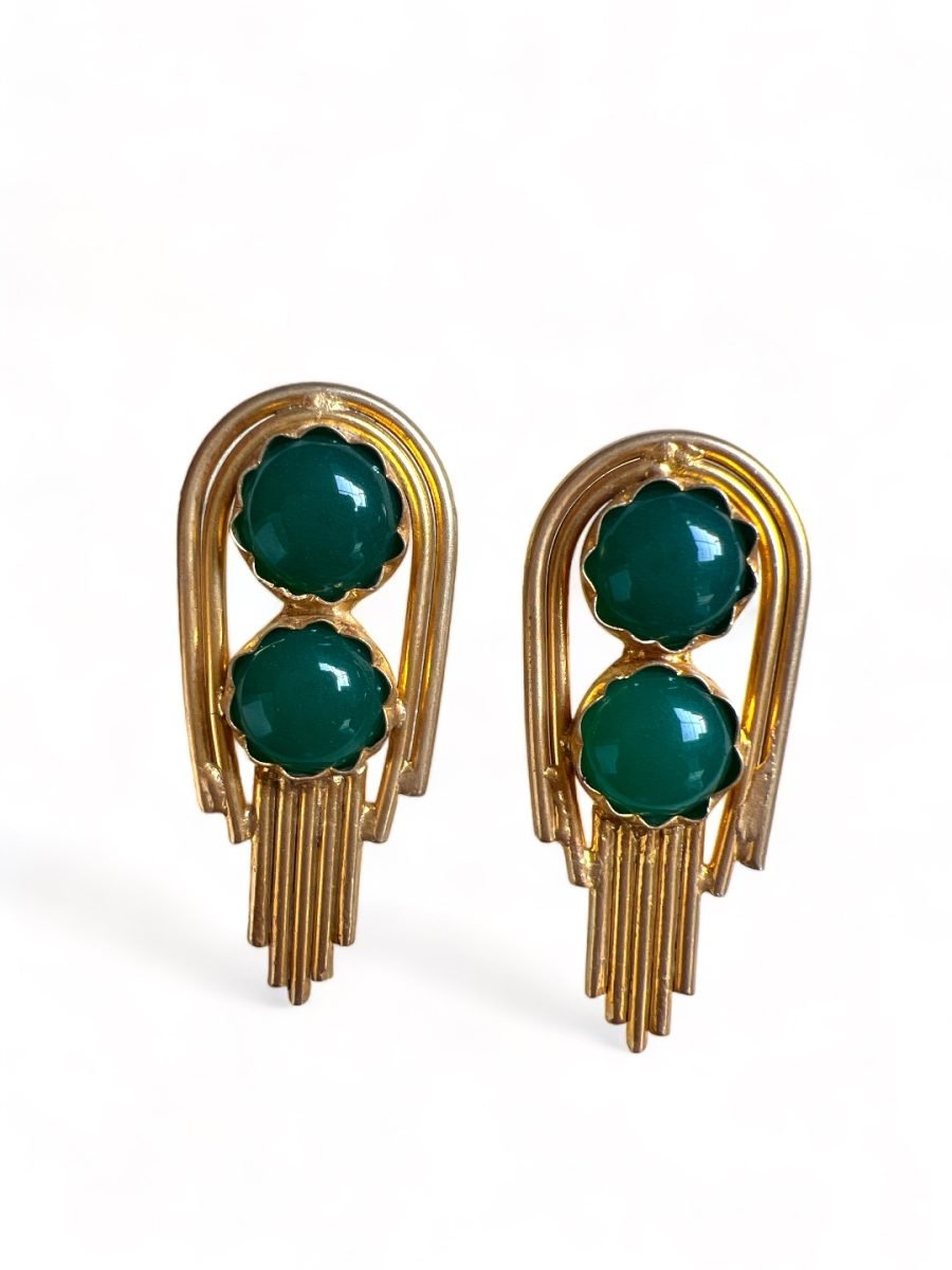 GOLD TONED GREEN CONEMPORARY SHAPED DROP EARRINGS - Image 3