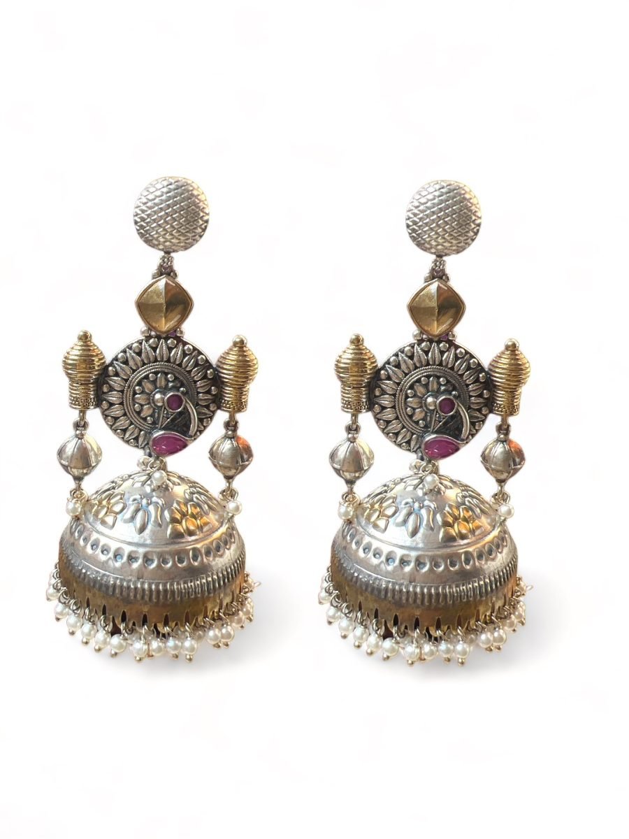 LE DIEGO SILVER-TONED FLORAL SHAPED JHUMKA EARRINGS - Image 3