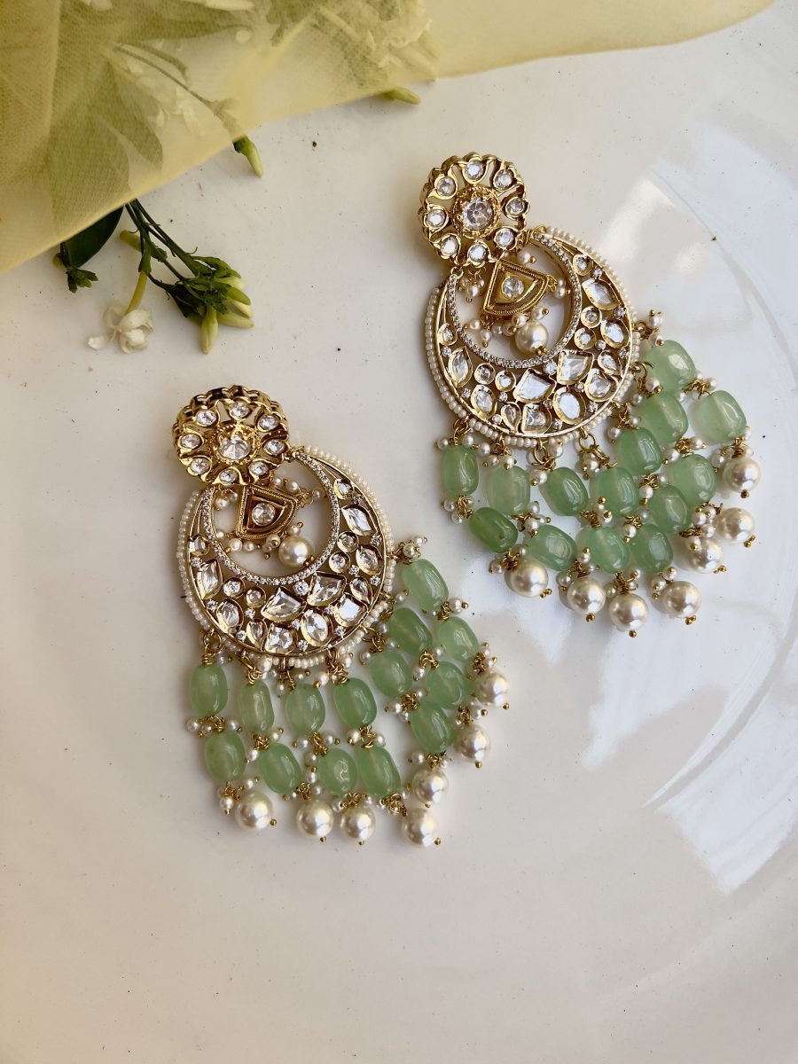 LE NICOLAS SEA GREEN BEADS & KUNDAN EARRINGS - Image 2