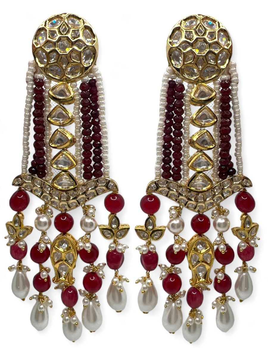 LE CARLOS MAROON PEARL & KUNDAN EARRINGS - Image 3