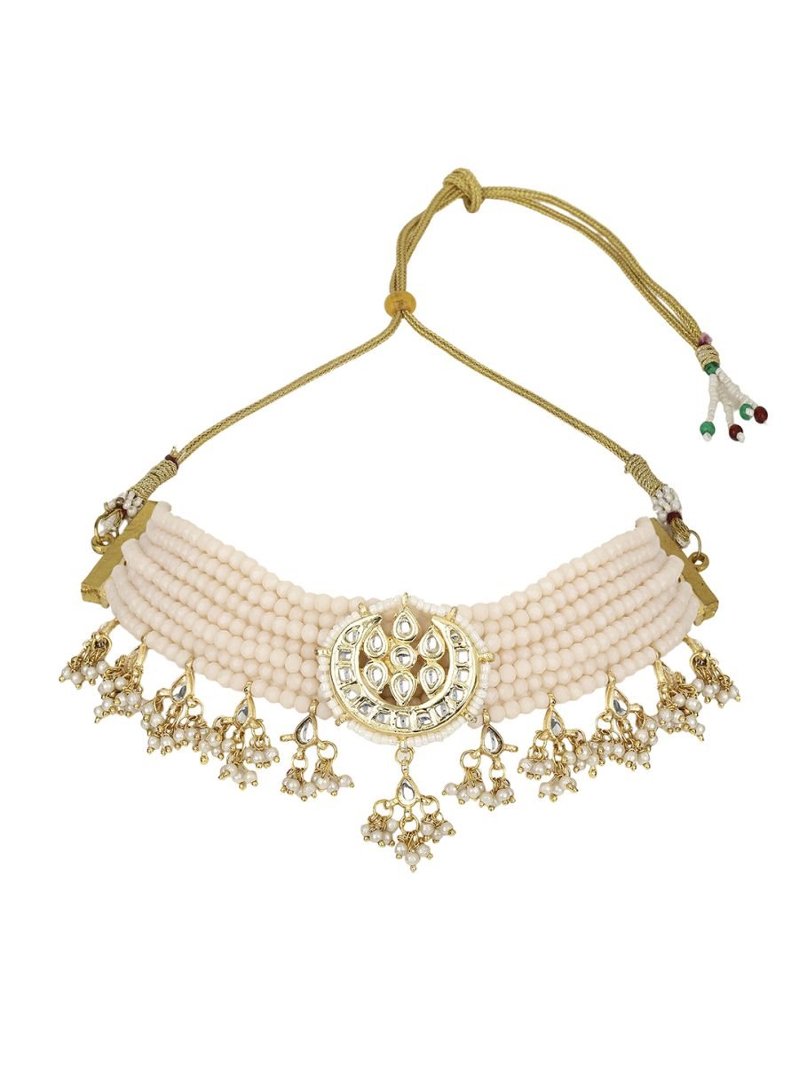 LE HERMOSA PINK BEADS & WHITE PEARLS KUNDAN NECKLACE SET - Image 8