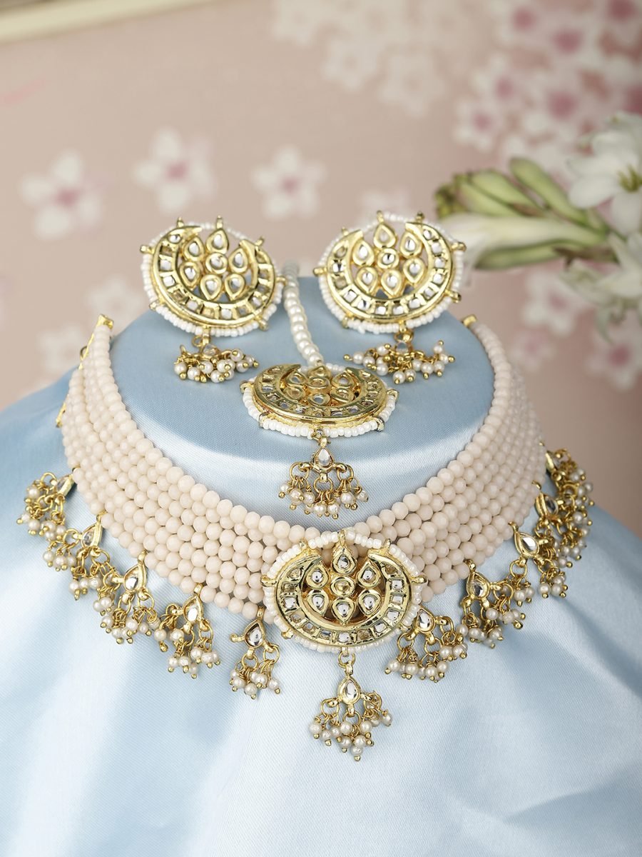 LE HERMOSA PINK BEADS & WHITE PEARLS KUNDAN NECKLACE SET - Image 3