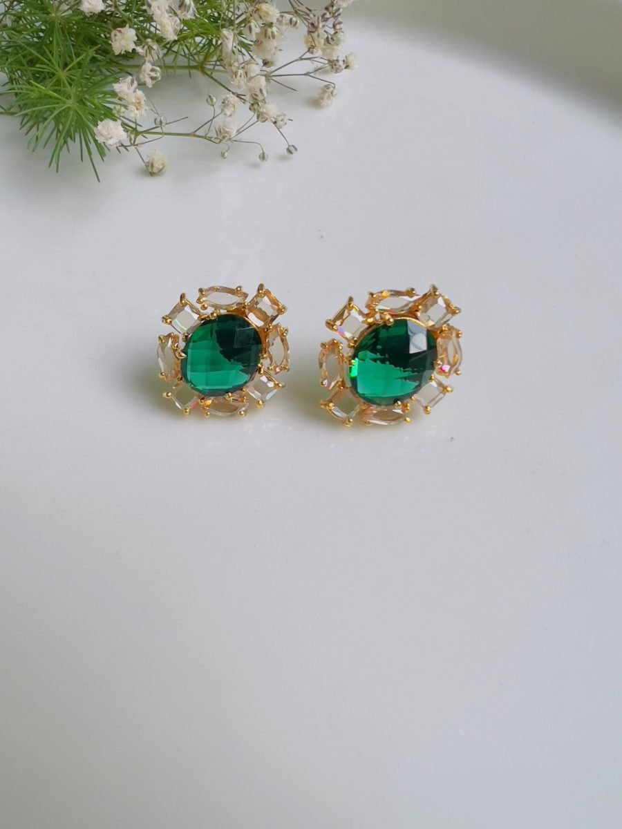 LE DENA GOND TONED GREEN CONTEMPORARY SHAPED STUD EARRINGS