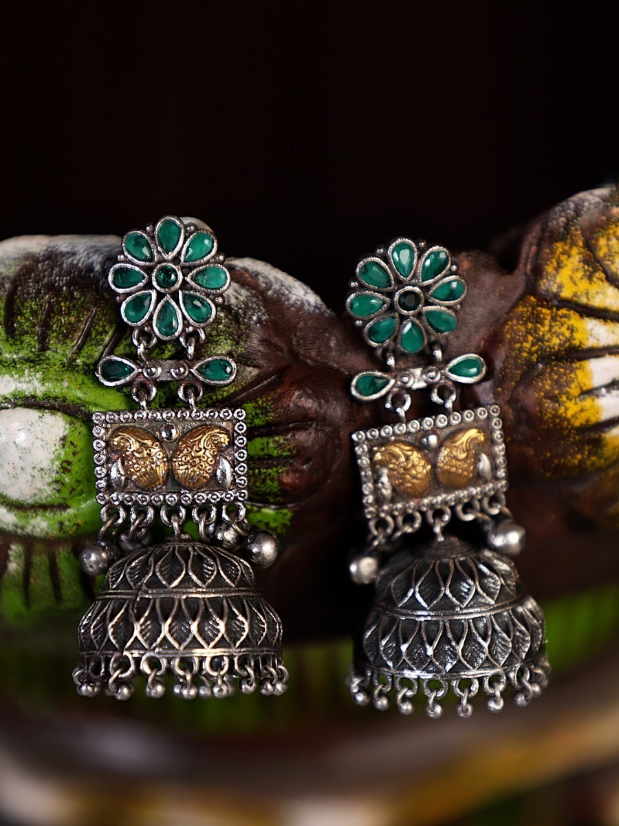 LE FAUSTO SILVER PLATED STONE STUDDED CONTEMPORARY JHUMKA