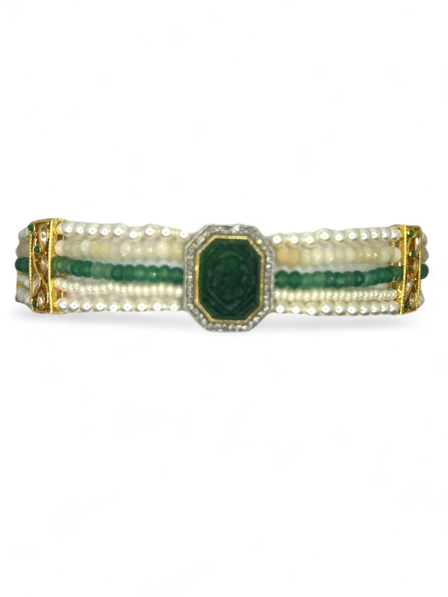 LE LUIS BLUE GOLD PLATED GREEN AND WHITE  KUNDAN STUDDED NECKLACE - Image 4