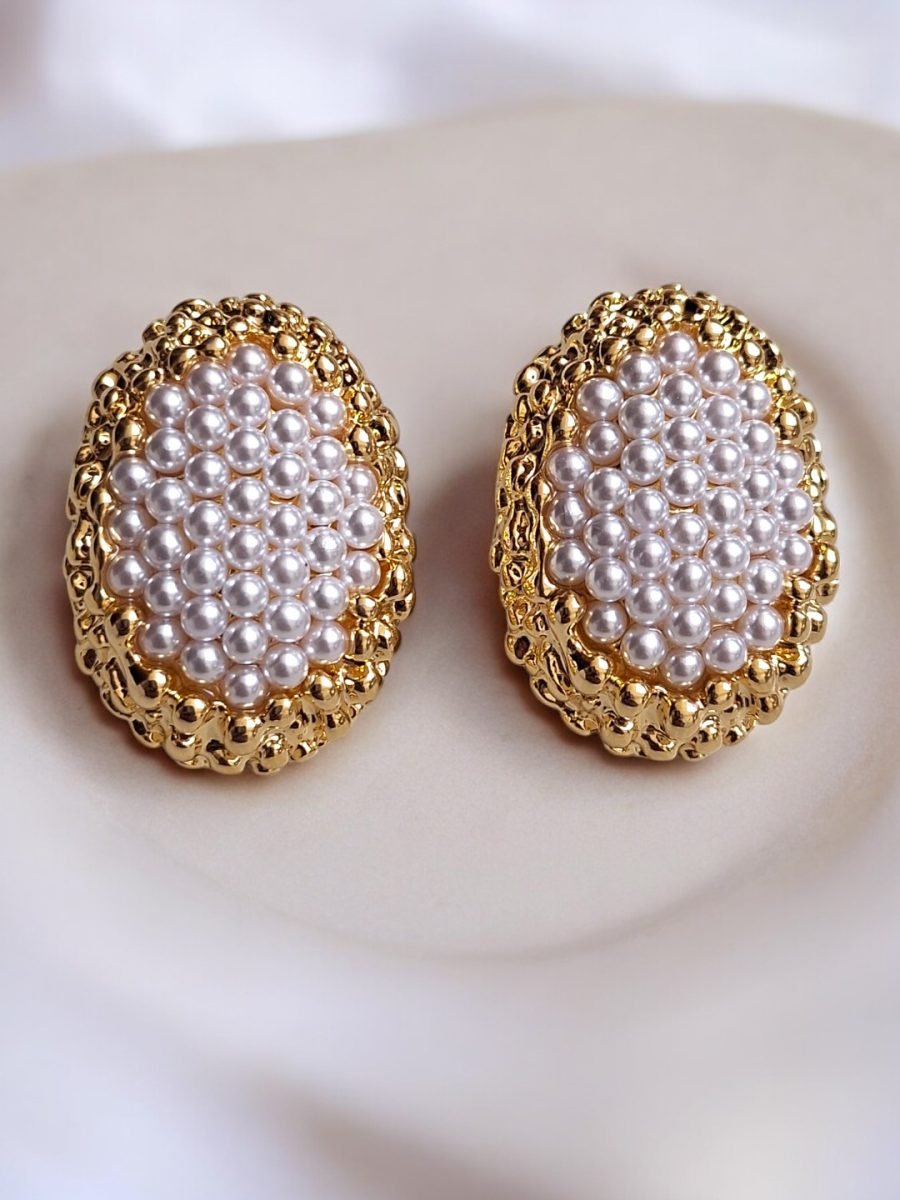 LE EVA GOLD PLATED, STONE STUDDED CONTEMPORARY SHAPE STUD EARRINGS