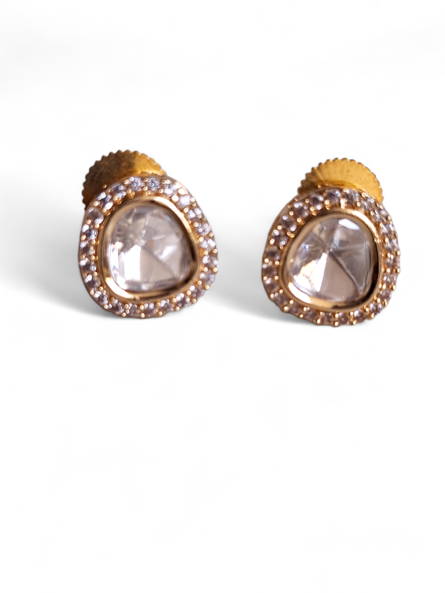 LE RAINA GOLD PLATED KUNDAN STUDDED CONTEMPORARY  SHAPED STUD EARRINGS - Image 4