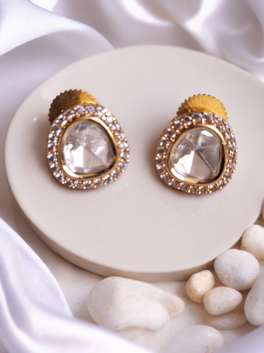 LE RAINA GOLD PLATED KUNDAN STUDDED CONTEMPORARY  SHAPED STUD EARRINGS