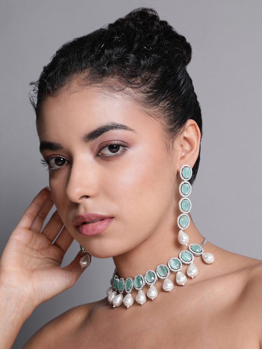 LE  AELIN RHODIUM-PLATED &  MINT GREEN BEADED AD STUDDED HANDCRAFTED JEWELLERY SET