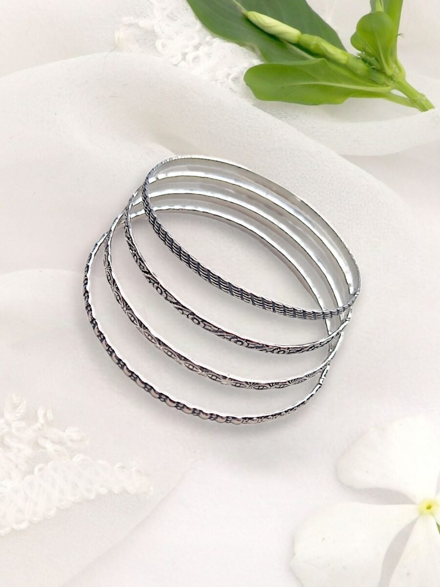 LE ANUJA SET OF 4 SILVER PLATED OXIDIZED BANGLES