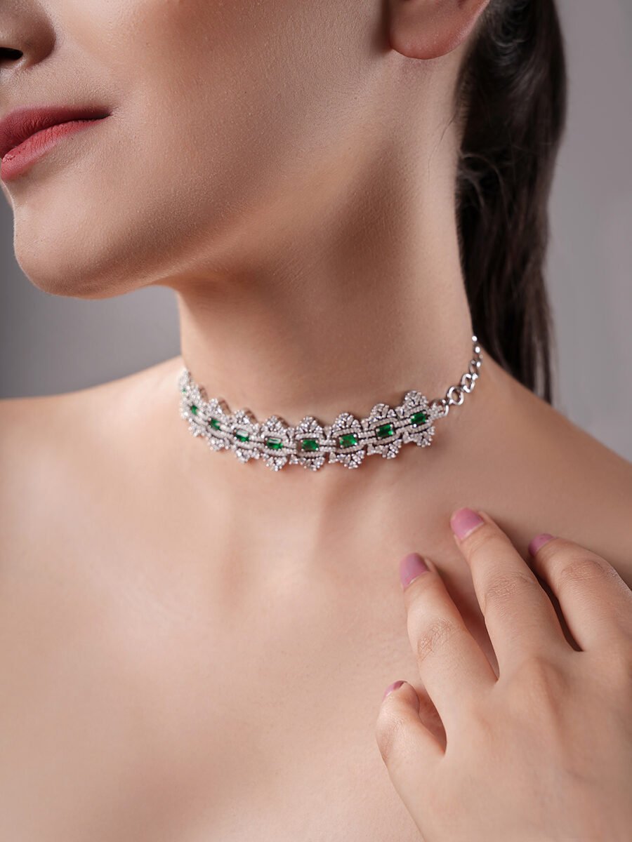 LE TARIQ GREEN RHODIUM-PLATED AD-STUDDED NECKLACE