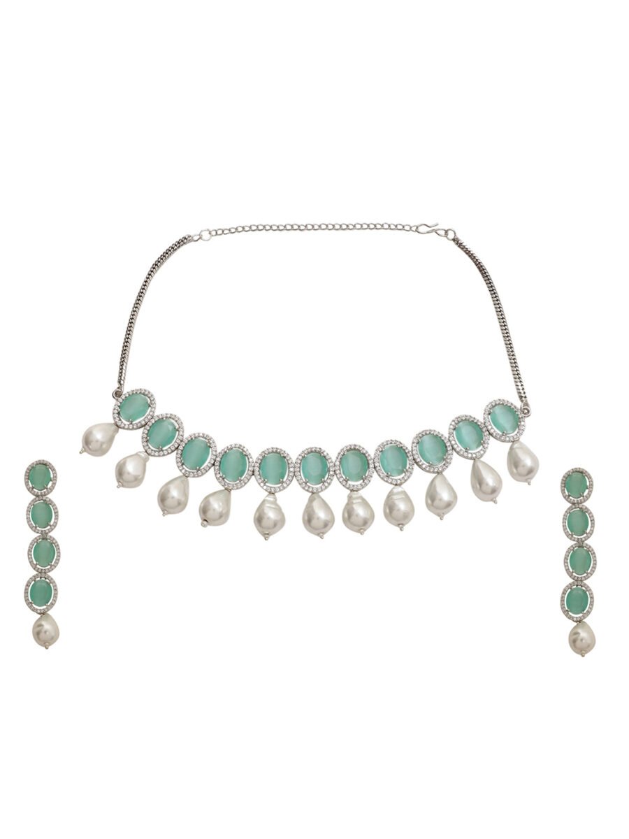 LE  AELIN RHODIUM-PLATED &  MINT GREEN BEADED AD STUDDED HANDCRAFTED JEWELLERY SET - Image 3