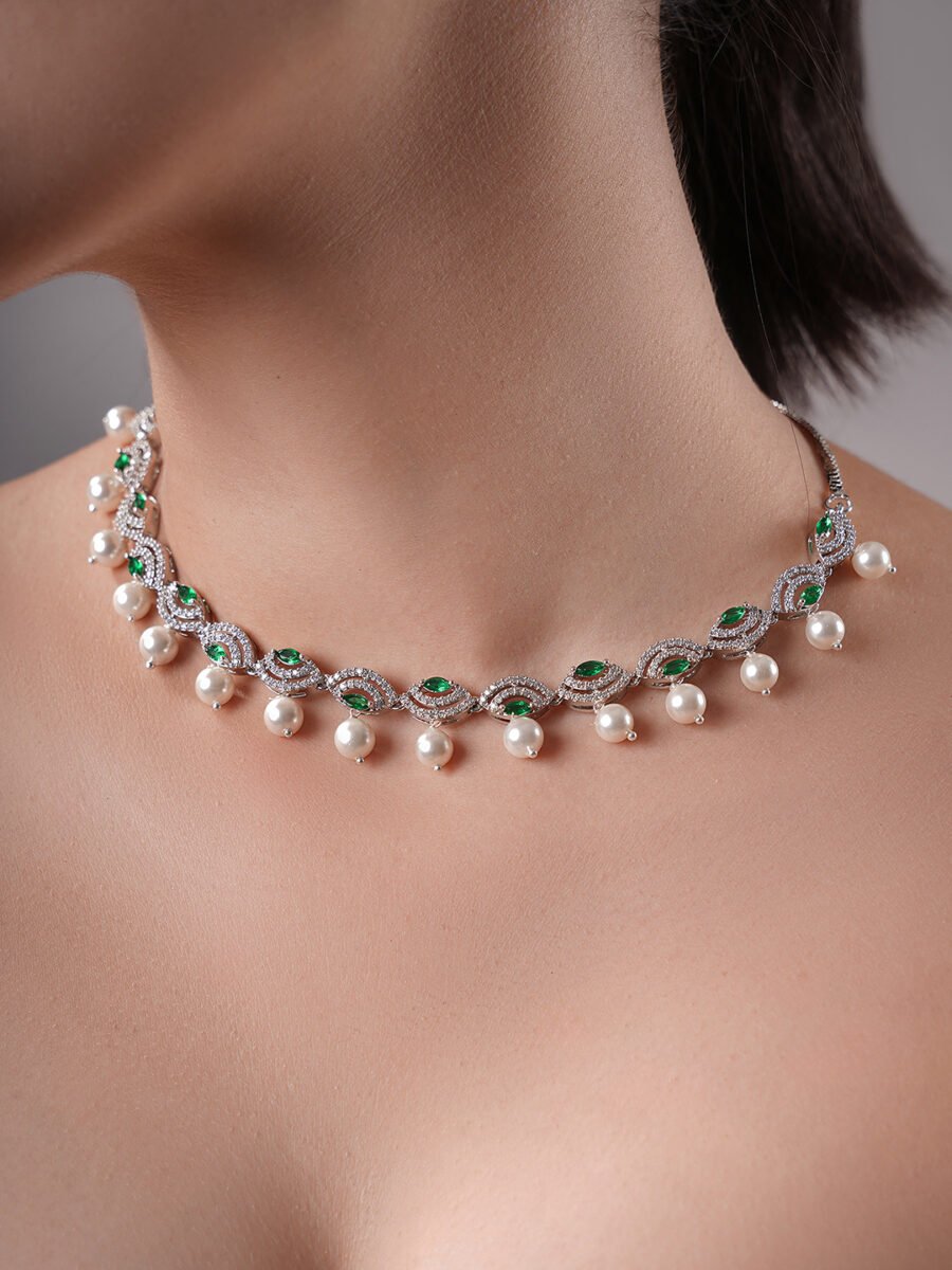 LE DAKSH GREEN RHODIUM-PLATED AD-STUDDED NECKLACE AND EARRINGS