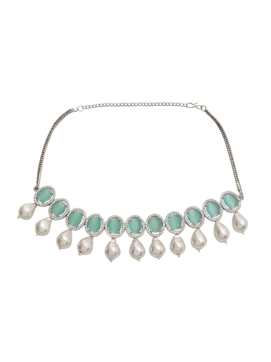 LE  AELIN RHODIUM-PLATED &  MINT GREEN BEADED AD STUDDED HANDCRAFTED JEWELLERY SET - Image 4