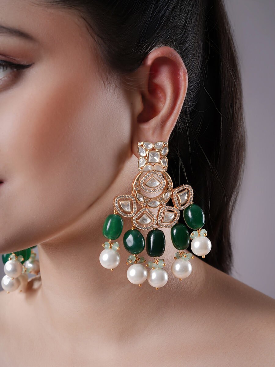 LE MYRA GREEN PEARL & KUNDAN EARRINGS