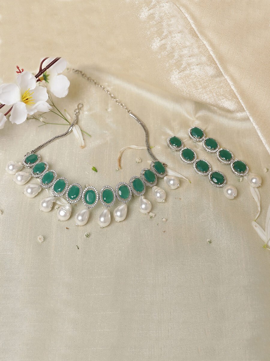 LE  AELIN RHODIUM-PLATED &  MINT GREEN BEADED AD STUDDED HANDCRAFTED JEWELLERY SET - Image 2