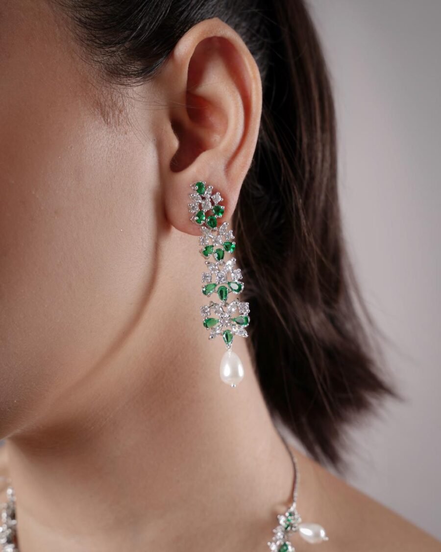 LE ELIO GREEN STONE STUDDED RHODIUM PLATED  AMERICAN DIAMOND STUDDED HANDCRAFTED JEWELLERY SET - Image 4