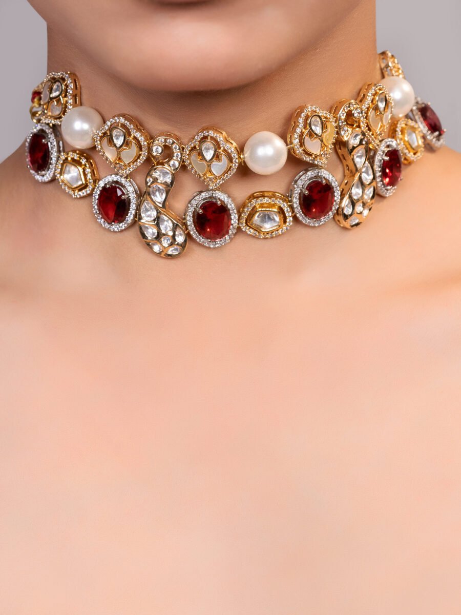 LE AZRA RED BEADS AND MOISSANITE NECKLACE