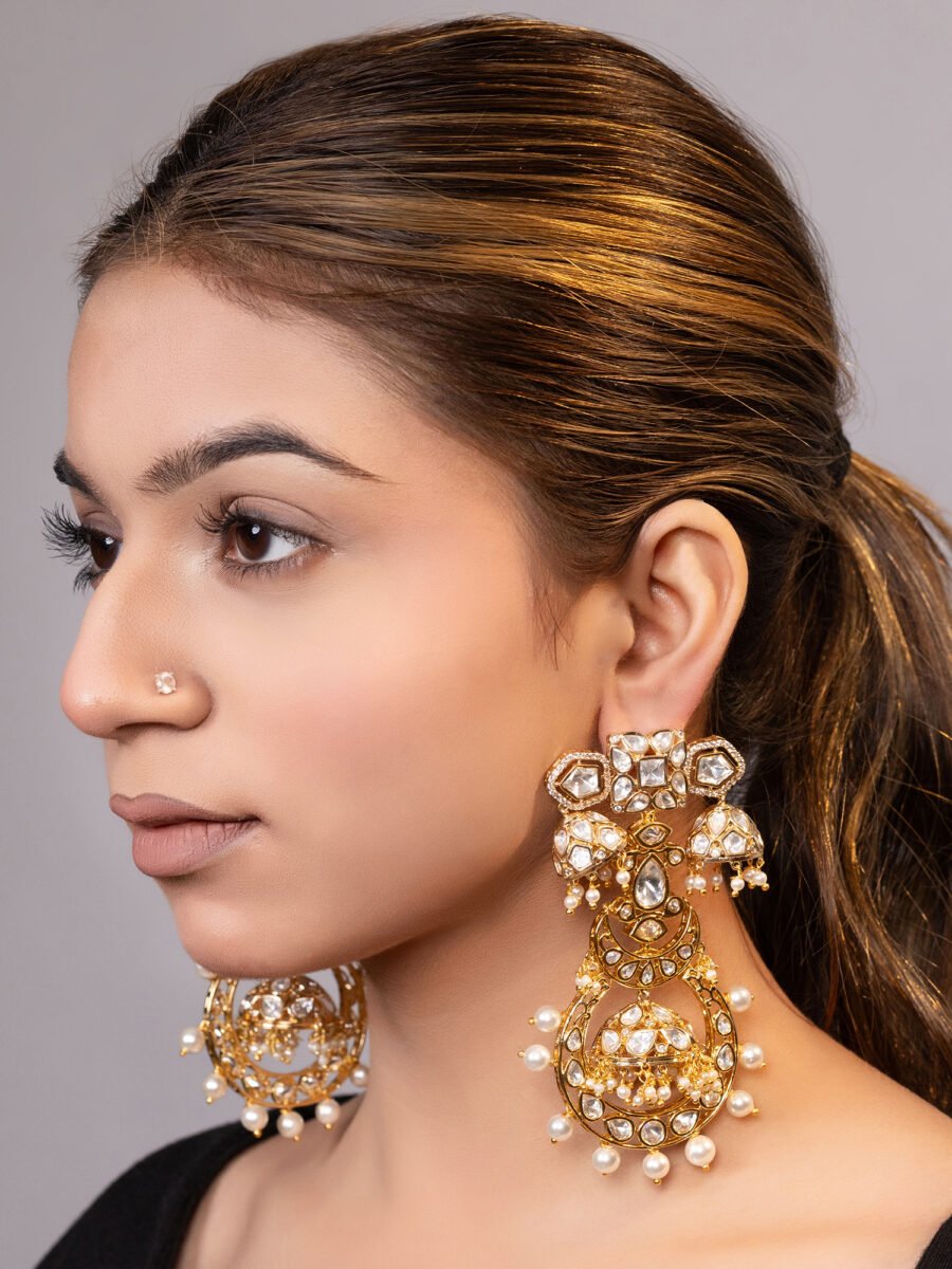 LE KARMA GOLD PLATED MOISSANITE AND PEARLS STUDDED EARRINGS