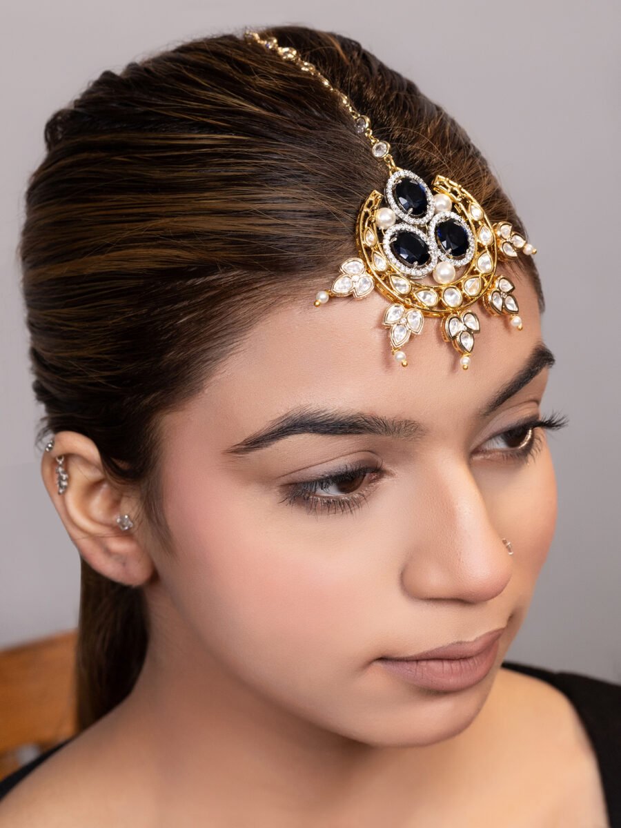 LE FAREEHA BLUE BEADS AND MOISSANITE STUDDED MAANGTIKKA