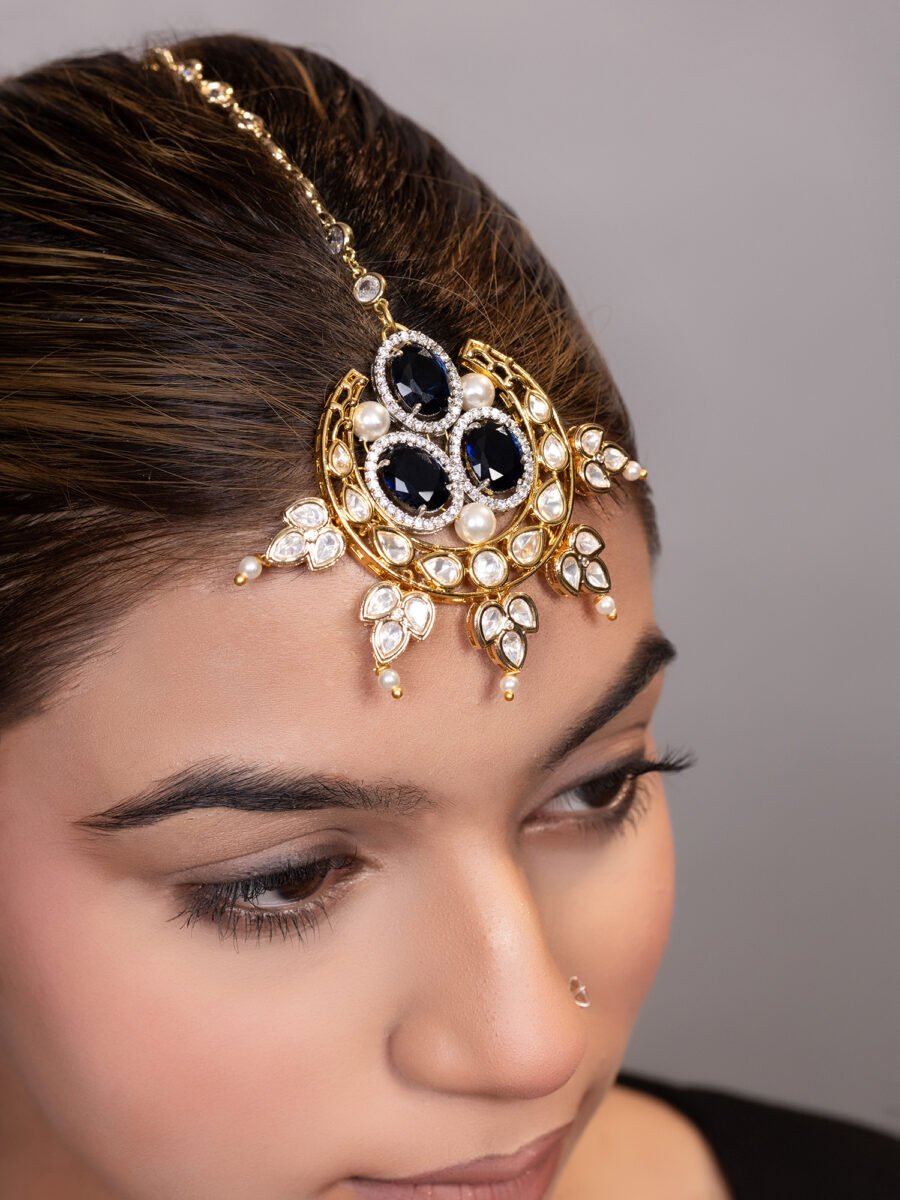 LE FAREEHA BLUE BEADS AND MOISSANITE STUDDED MAANGTIKKA - Image 2