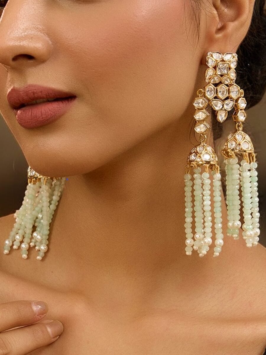 LE YUVAN MINT GREEN BEADS, KUNDAN STUDDED EARRINGS