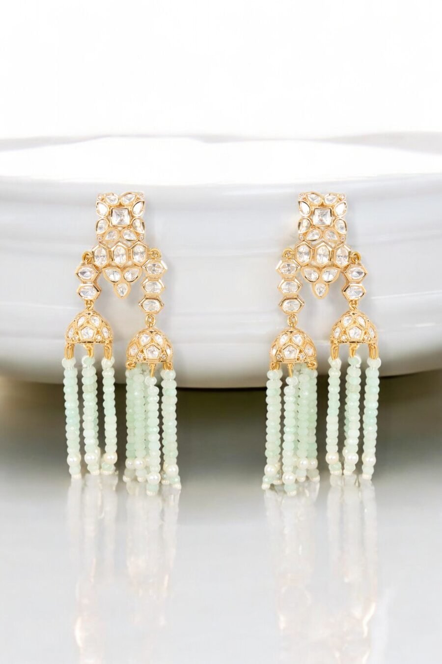 LE YUVAN MINT GREEN BEADS, KUNDAN STUDDED EARRINGS - Image 2