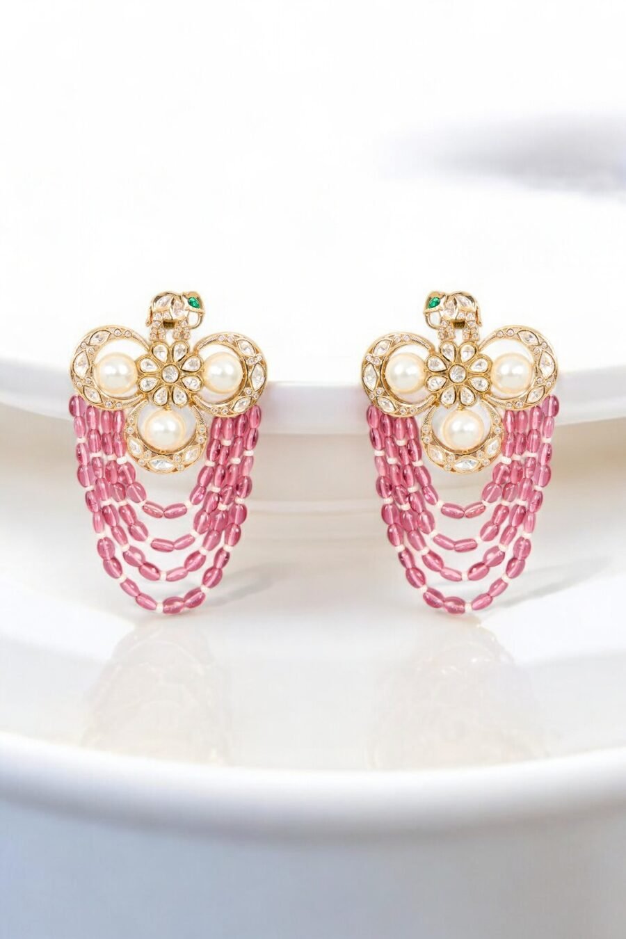 LE TAVISHI PINK PEARLS AND  KUNDAN STUDDED EARRINGS - Image 4