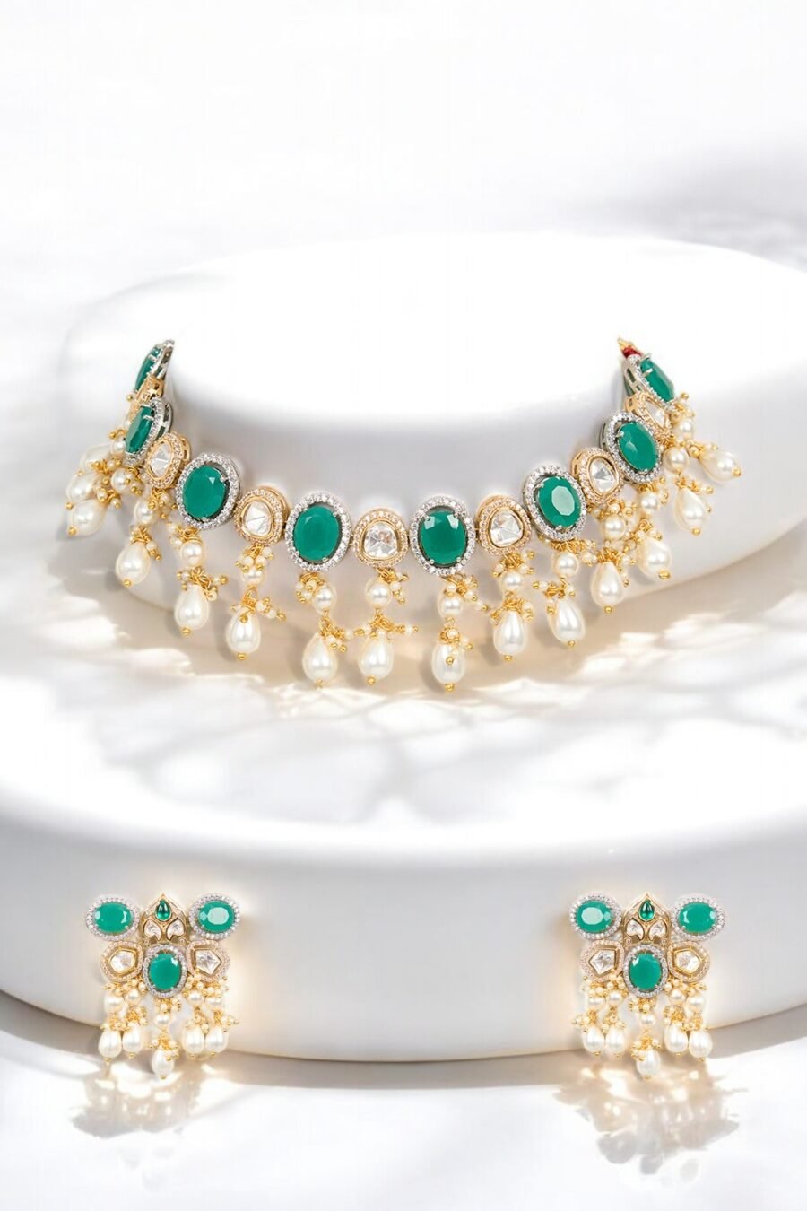 LE ADI GOLD PLATED MINT GREEN BEADS AND MOISSANITE STUDDED NECKLACE SET - Image 2