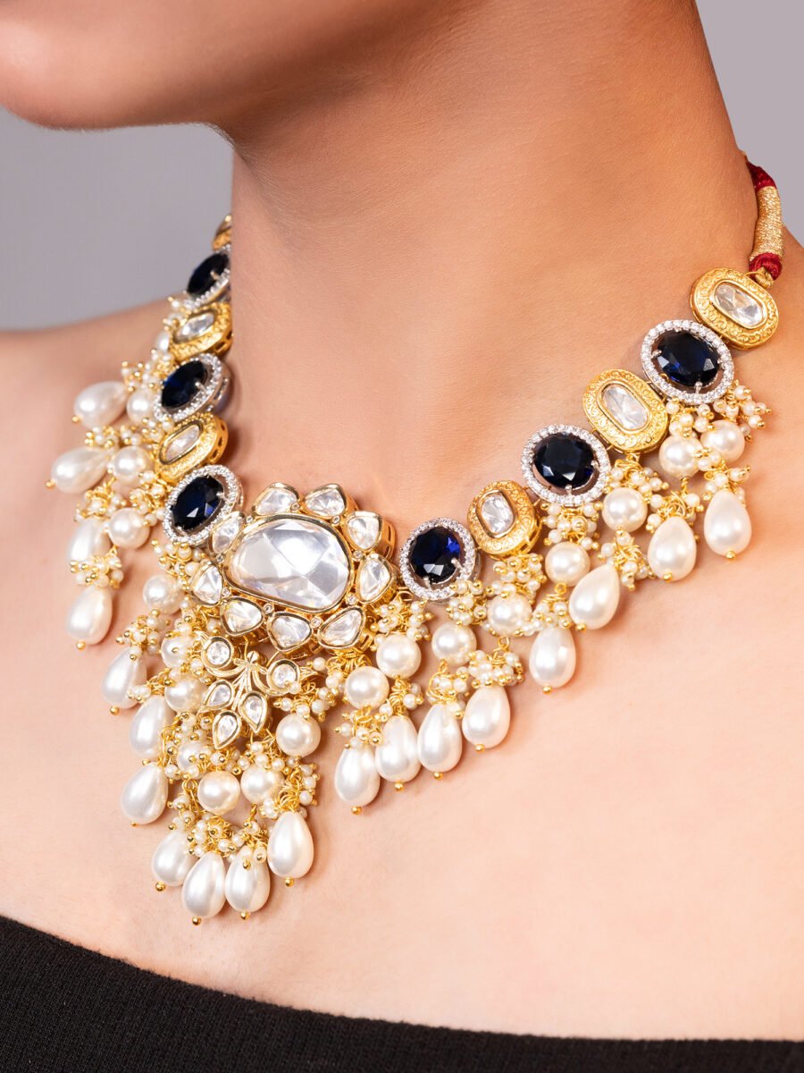 LE VAIA GOLD PLATED BLUE BEADS AND MOISSANITE STUDDED NECKLACE - Image 2