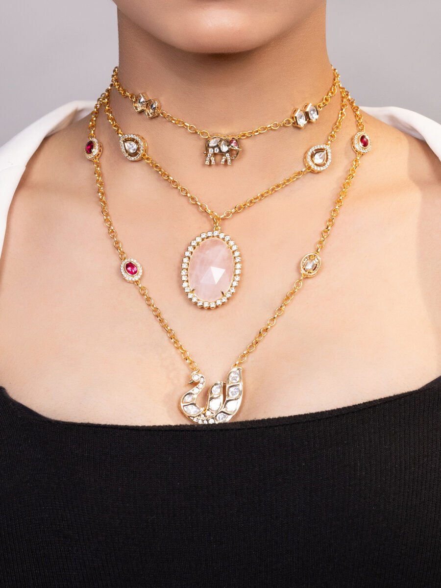 LE AVENA GOLD PLATED PINK BEADS AND MOISSANITE STUDDED NECKLACE - Image 4