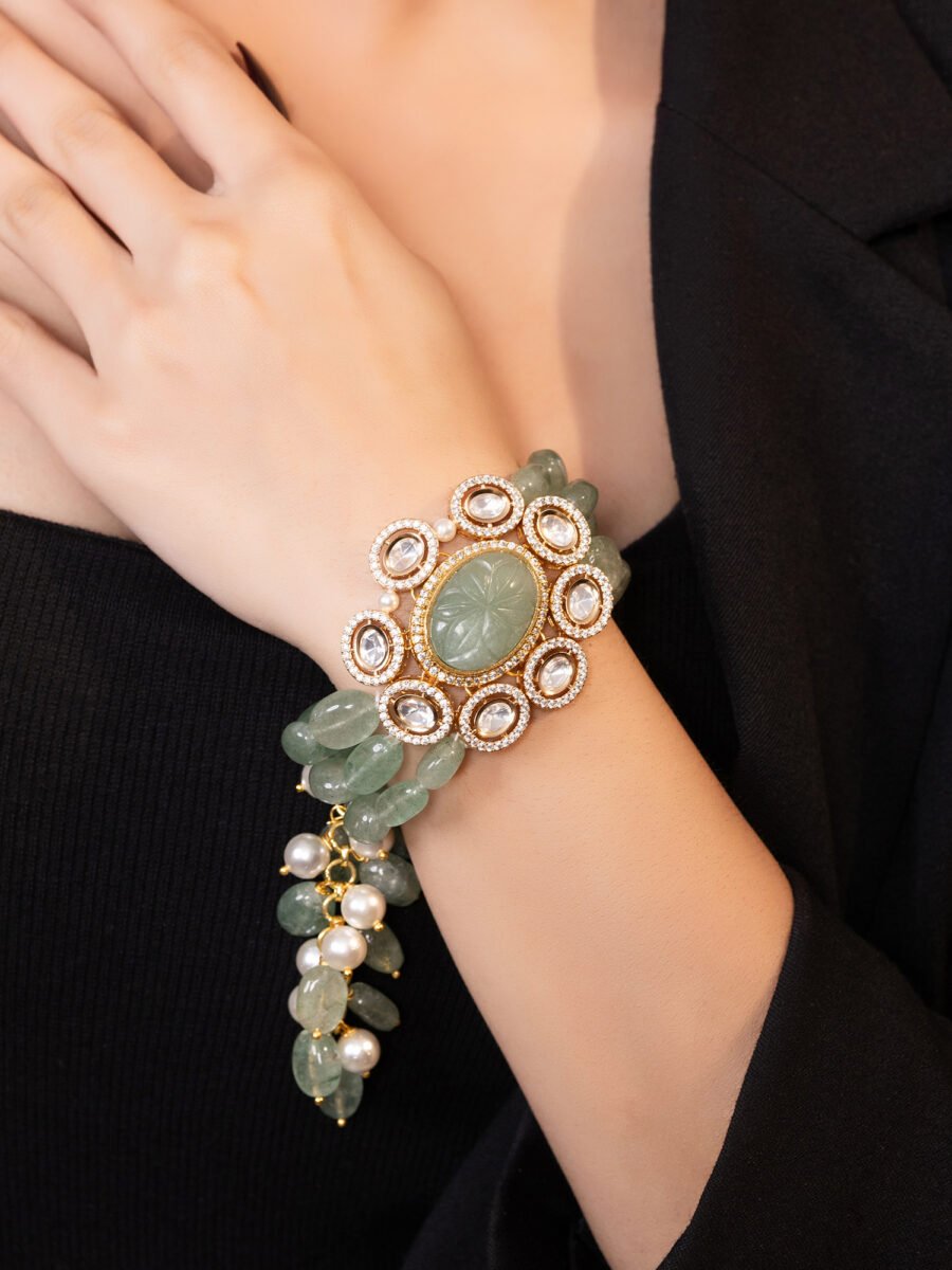 LE TIERAN GOLD PLATED GREEN BEADS AND MOISSANITE STUDDED BRACELET - Image 4